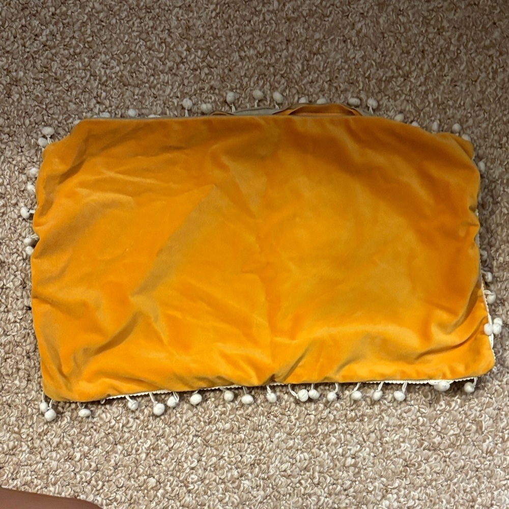 Mustard Yellow Velvet Pillow Covers with Pom Poms 12”x20”​​​ - Picture 3 of 4